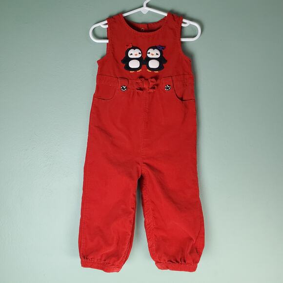 Gymboree Winter Penguin Girls Red Penguin Corduroy Overall Size 2T - Picture 1 of 7